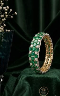 Emerald Green Stone Designer Bangle Bracelet with Diamond Finish – 92.5 Silver Gold Plated Kada for Women
