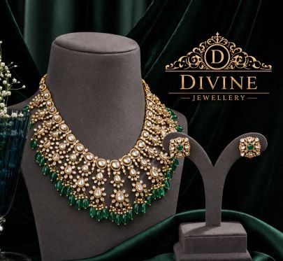 Emerald Kundan Choker Necklace Set with Green Drops | 92.5 Silver Gold Plated Jewellery by Divine Jewellery