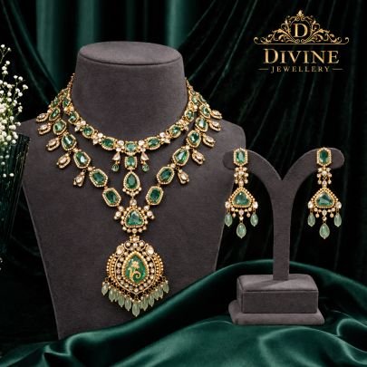 Emerald Meenakari Layered Necklace Set with Statement Pendant | 92.5 Silver Gold Plated Jewellery by Divine Jewellery