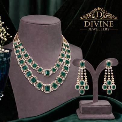 Emerald Multi-Layer Geometric Necklace Set in 92.5 Silver Gold Plated | Divine Jewellery