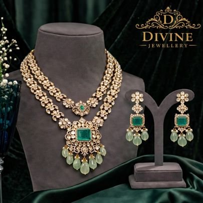 Emerald Multi-Layer Kundan Necklace Set with Statement Pendant | 92.5 Silver Gold Plated Jewellery by Divine Jewellery