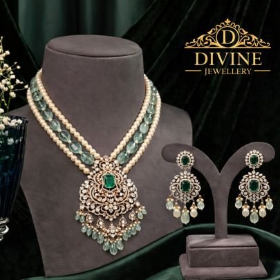 Emerald Pearl Layered Pendant Necklace Set with Aqua Drops in 92.5 Silver Rose Gold Plated | Divine Jewellery