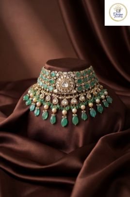 Emerald Polki Bridal Choker Necklace with Pearl Drops in 92.5 Silver Gold Plated – Divine Jewellery