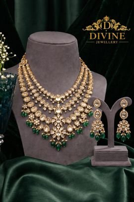 Emerald Polki Multi-Layer Bridal Necklace Set with Floral Drops | 92.5 Silver Gold Plated Jewellery by Divine Jewellery