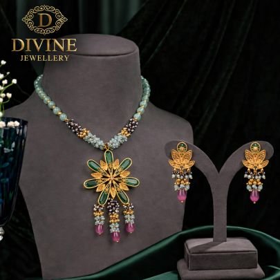 Floral Green Stone Pendant Necklace Set with Beaded Chain | 92.5 Silver Gold Plated Jewellery by Divine Jewellery