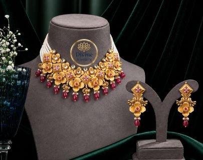 Floral Kundan Choker Necklace Set with Earrings in 92.5 Silver Gold Plated | Red Drop Bridal Jewellery – Divine Jewellery