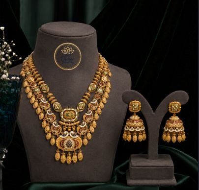 Grand Antique Layered Necklace Set with Green Stone Detailing & Jhumka Earrings for Women | Divine Jewellery