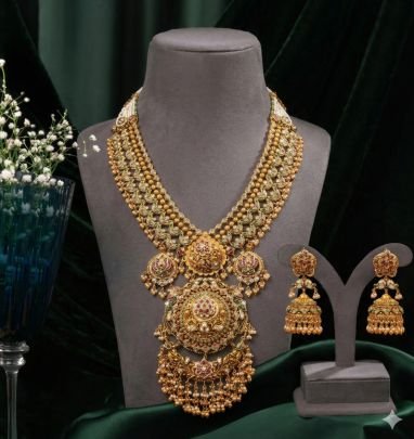 Grand Antique Temple Necklace Set with Layered Design & Kundan Pendant – 92.5 Silver Gold Plated Bridal Jewellery | Divine Jewellery