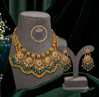 Grand Antique Temple Necklace Set with Multicolor Kundan, Green Beads & Pearl Drops – 92.5 Silver Gold Plated