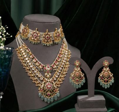 Grand Bridal Layered Kundan Necklace Set with Choker & Mint Bead Drops – 92.5 Silver Gold Plated Jewellery | Divine Jewellery