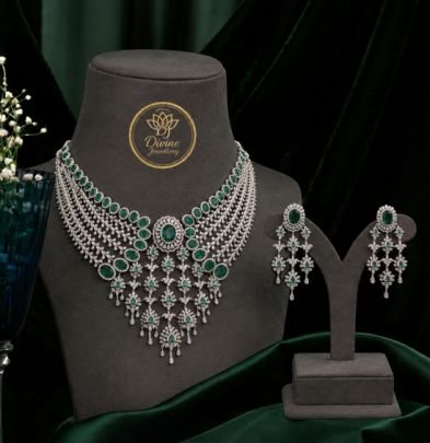 Grand Emerald Green Bridal Choker Necklace Set with Long Earrings | Gold Plated 92.5 Silver Jewellery
