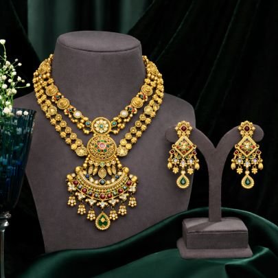 Grand Multicolor Temple Necklace Set with Layered Chains – 92.5 Silver Gold Plated Bridal Jewellery | Divine Jewellery