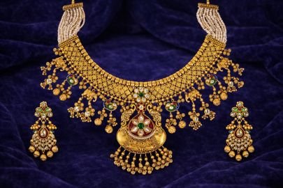 Grand Temple Bridal Necklace Set with Traditional Motifs – 92.5 Silver Gold Plated Jewellery