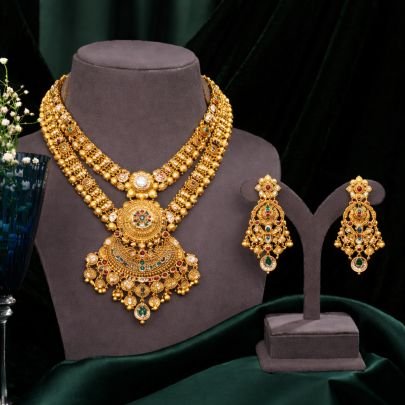 Grand Temple Design Bridal Necklace Set with Multilayer Chains – 92.5 Silver Gold Plated Traditional Jewellery | Divine Jewellery