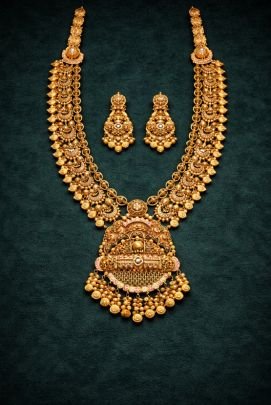 Grand Temple Long Necklace Set with Antique Finish in 92.5 Silver Gold Plated – Divine Jewellery
