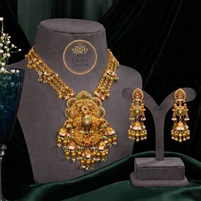 Grand Temple Long Necklace Set with Royal Pendant & Jhumka Earrings – 92.5 Silver Gold Plated Bridal Jewellery