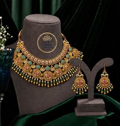 Grand Temple Meenakari Kundan Necklace Set with Coin Motifs & Pearl Drops – 92.5 Silver Gold Plated Bridal Jewellery