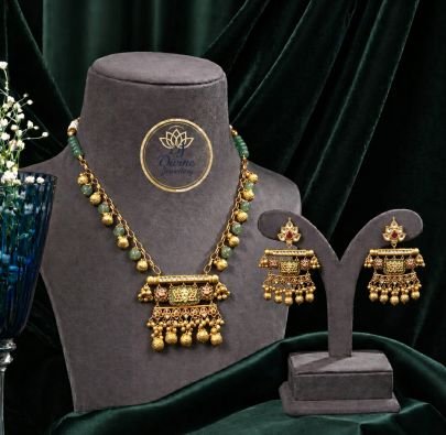 Green Beaded Bar Pendant Necklace Set with Antique Motif & Jhumka Drops – 92.5 Silver Gold Plated Jewellery