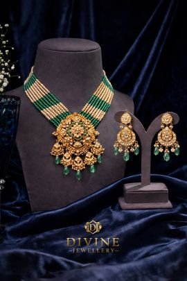 Green Beaded Pendant Necklace Set with Statement Polki Pendant & Earrings – 92.5 Silver Gold Plated Jewellery | Divine Jewellery