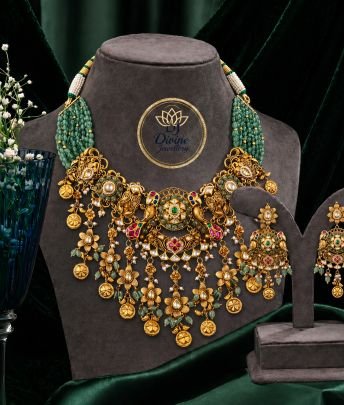 Green Beaded Temple Necklace Set with Peacock Motif & Coin Drops – 92.5 Silver Gold Plated Bridal Jewellery