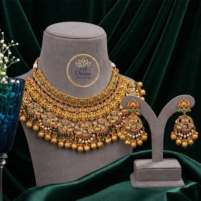 Heavy Temple Bridal Choker Necklace Set with Peacock Motifs & Antique Gold Finish – 92.5 Silver Gold Plated
