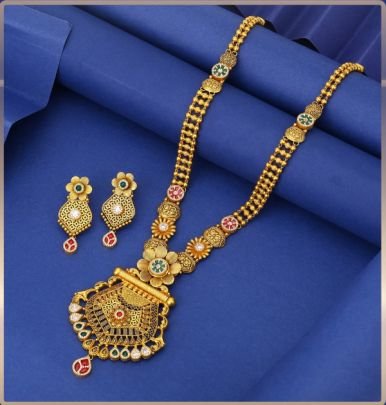 Heritage Floral Temple Long Necklace 92.5 Silver Gold-Plated Set with Kundan Stones & Earrings
