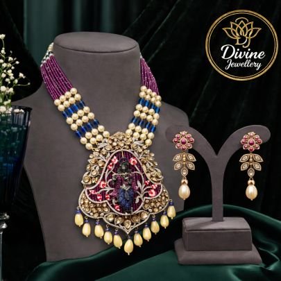 Krishna Temple Statement Necklace Set with Multicolor Beads & Designer Earrings – 92.5 Silver Gold Plated