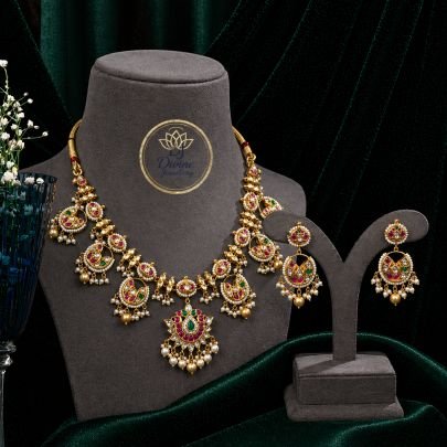 Kundan Floral Drop Necklace Set with Pearls & Multicolor Stones – 92.5 Silver Gold Plated