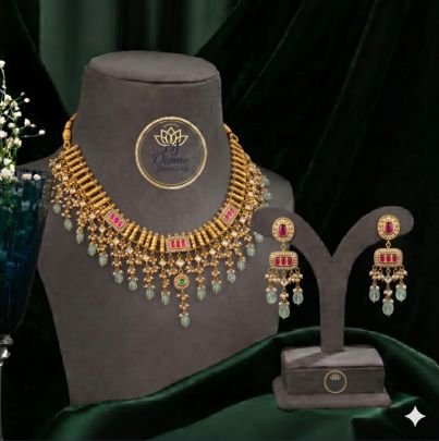 Kundan Fringe Necklace Set with Green Drop Beads & Stone Work Earrings – 92.5 Silver Gold Plated Bridal Jewellery