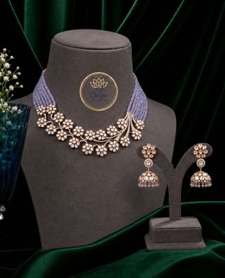 Lavender Beaded Floral Necklace Set with Jhumka Earrings in 92.5 Silver Rose Gold Plated | Pearl Designer Jewellery – Divine Jewellery