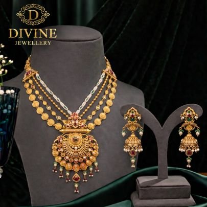 Layered Coin Temple Necklace Set with Grand Pendant & Jhumka Earrings | 92.5 Silver Gold Plated Jewellery by Divine Jewellery