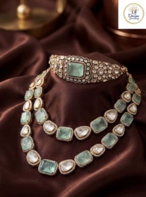 Layered Emerald Polki Necklace Set with Statement Choker in 92.5 Silver Gold Plated – Divine Jewellery