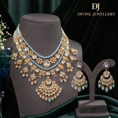 Layered Kundan Necklace Set with Blue Enamel Detailing & Pearl Drops | 92.5 Silver Gold Plated Bridal Jewellery by Divine Jewellery