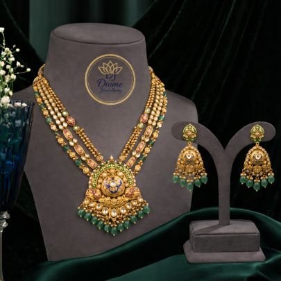 Layered Kundan Temple Long Necklace Set with Pendant & Jhumka Earrings – 92.5 Silver Gold Plated Bridal Jewellery