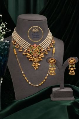 Layered Pearl Temple Choker Set with Long Chain & Jhumka Earrings – 92.5 Silver Gold Plated Bridal Jewellery
