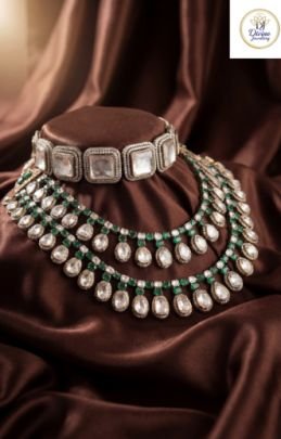 Layered Polki Emerald Necklace Set with Choker in 92.5 Silver Gold Plated – Divine Jewellery
