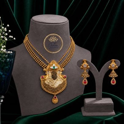 Layered Temple Goddess Pendant Necklace Set with Earrings in 92.5 Silver Gold Plated | Antique Bridal Jewellery – Divine Jewellery