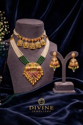Layered Temple Jewellery Set with Jhumka Choker & Beaded Pendant Mala – 92.5 Silver Gold Plated Bridal Set | Divine Jewellery