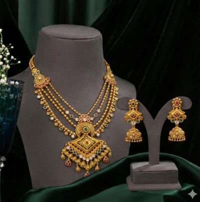 Layered Temple Pendant Necklace Set with Multicolor Stones – 92.5 Silver Gold Plated Traditional Jewellery | Divine Jewellery