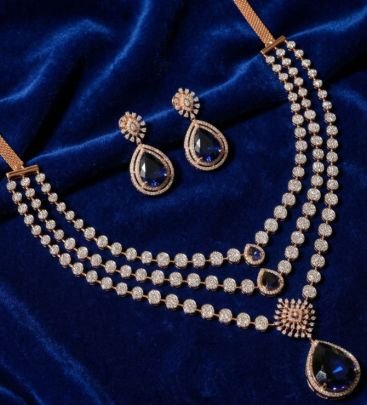 Luxury Blue Sapphire Style Necklace Set with Crystal Layers – 92.5 Silver Rose Gold Plated Jewellery