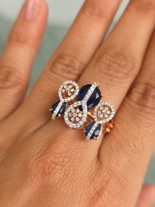 Luxury Blue Stone Designer Ring with Diamond Style Crystals | Rose Gold Finish Adjustable Cocktail Ring for Women