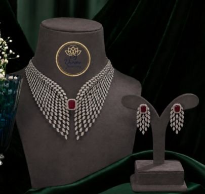 Luxury Cubic Zirconia Necklace Set for Women with Red Stone Pendant & Matching Drop Earrings | Wedding, Party & Bridal Jewelry Set