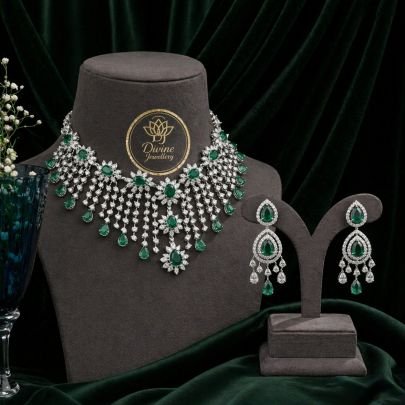 Luxury Diamond Look Necklace Set with Emerald Green Drops & Earrings – 92.5 Silver Rhodium Plated Bridal Jewellery