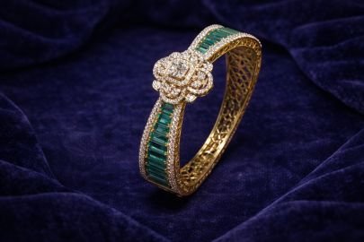 Luxury Emerald Baguette Floral Kada in 92.5 Silver with Gold Plating