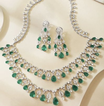 Luxury Emerald Drop Necklace Set with Earrings – 92.5 Silver White Gold Plated Diamond Look Jewellery | Divine Jewellery