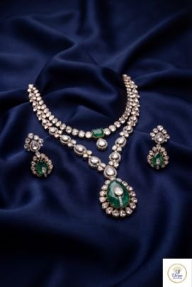 Luxury Emerald Polki Layered Necklace Set with Pendant & Earrings | 92.5 Silver Gold Plated | Divine Jewellery