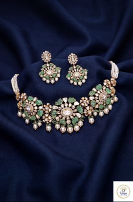 Luxury Emerald Polki Pearl Choker Necklace Set with Earrings | 92.5 Silver Gold Plated | Divine Jewellery