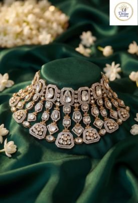 Luxury Geometric Polki Diamond Finish Choker in 92.5 Silver Gold Plated – Divine Jewellery