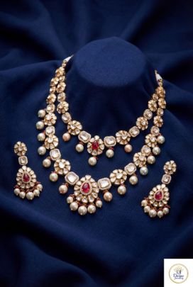 Luxury Kundan Pearl Necklace Set with Ruby Drop Accents | 92.5 Silver Gold Plated | Divine Jewellery