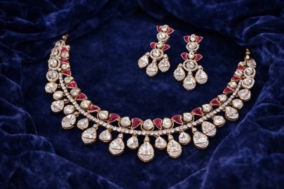 Luxury Kundan Teardrop Necklace Set with Ruby Accents – 92.5 Silver Gold Plated Jewellery